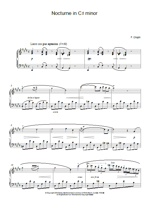 Frederic Chopin Nocturne In C# Minor sheet music notes and chords arranged for Piano Solo