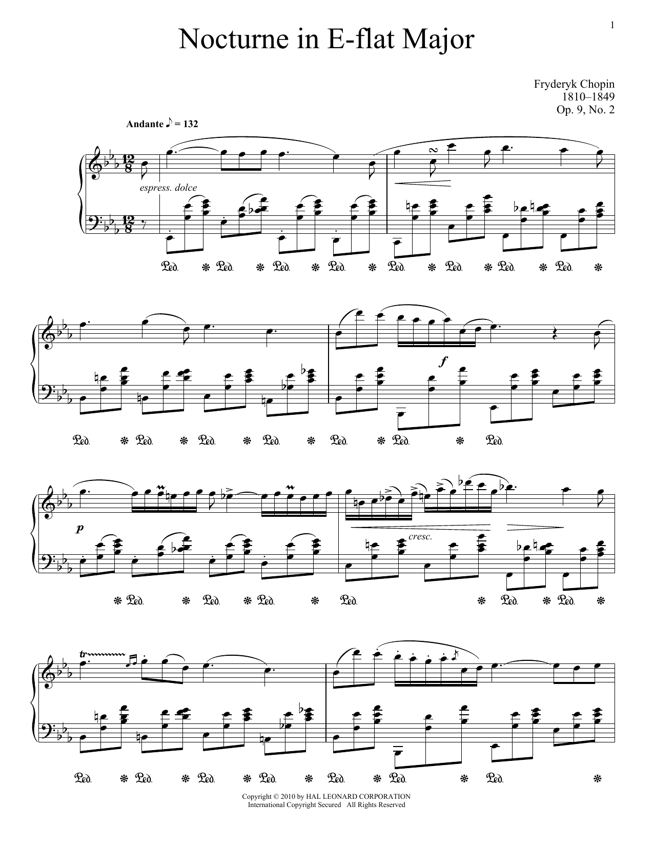 Frédéric Chopin Nocturne in E-flat Major, Op. 9, No. 2 sheet music notes and chords arranged for Piano Solo