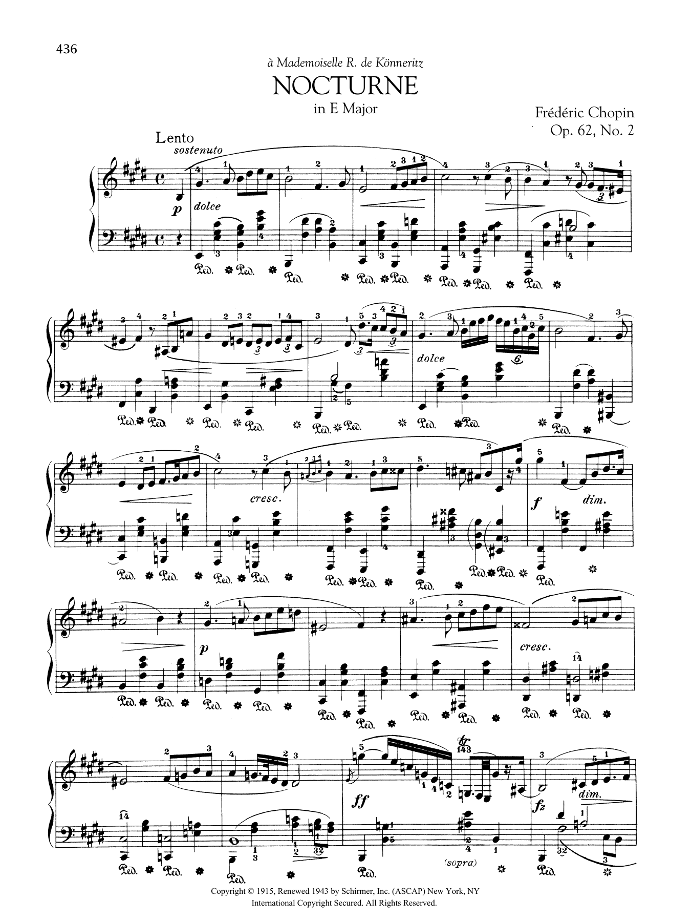 Frédéric Chopin Nocturne in E Major, Op. 62, No. 2 sheet music notes and chords arranged for Piano Solo