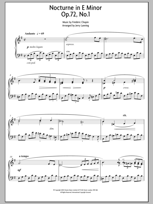 Frederic Chopin Nocturne In E Minor Op. 72, No. 1 sheet music notes and chords arranged for Piano Solo