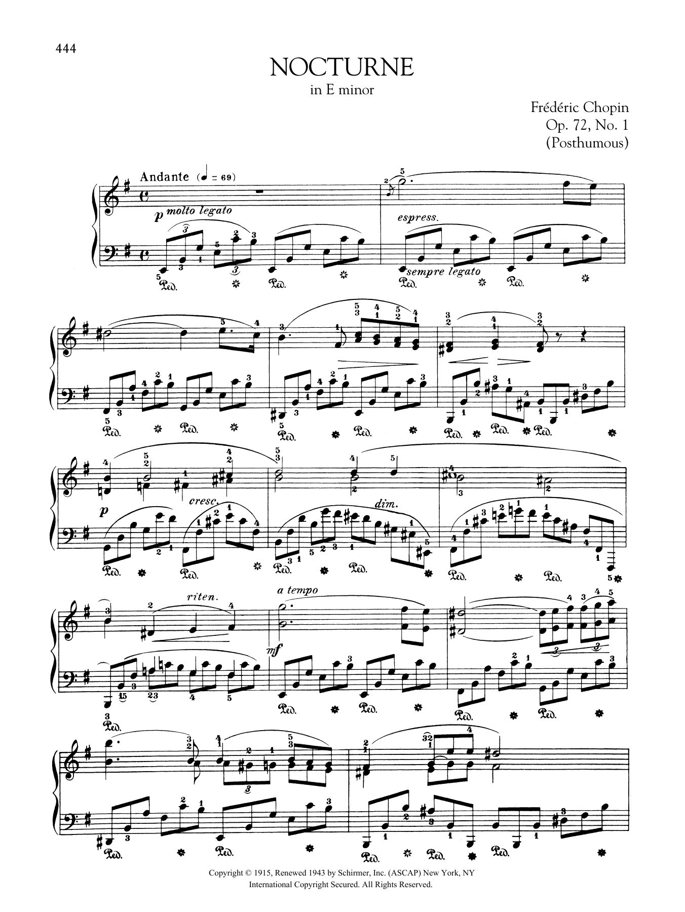 Frédéric Chopin Nocturne in E minor, Op. 72, No. 1 (Posthumous) sheet music notes and chords arranged for Piano Solo