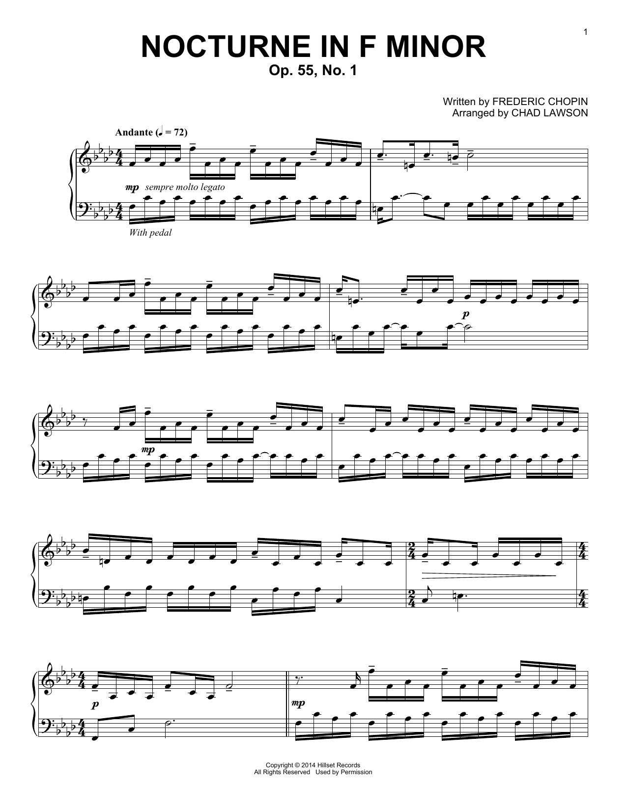 Frederic Chopin Nocturne In F Minor, Op. 55, No. 1 (arr. Chad Lawson) sheet music notes and chords arranged for Piano Solo