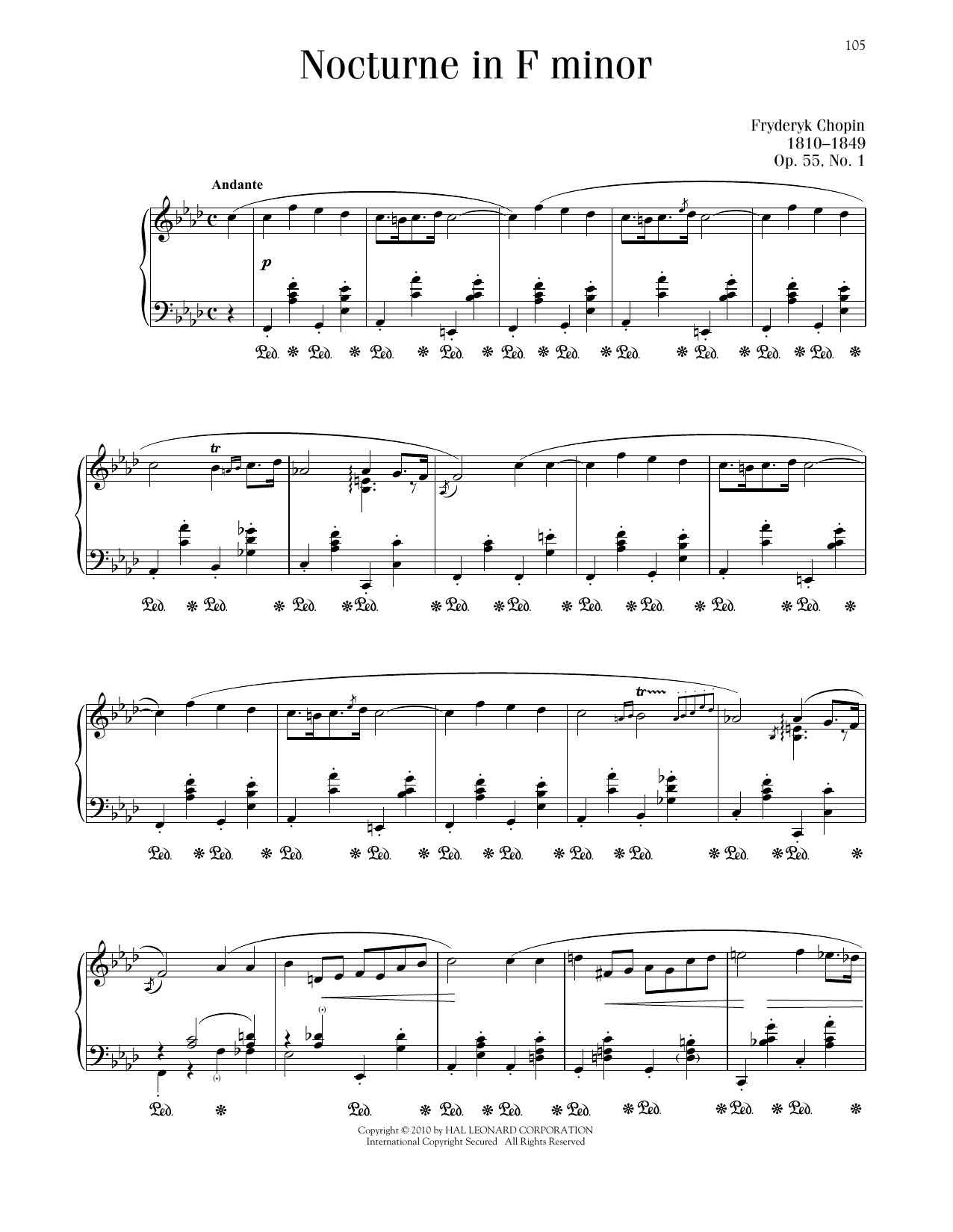 Frédéric Chopin Nocturne, Op. 55, No. 1 sheet music notes and chords arranged for Piano Solo