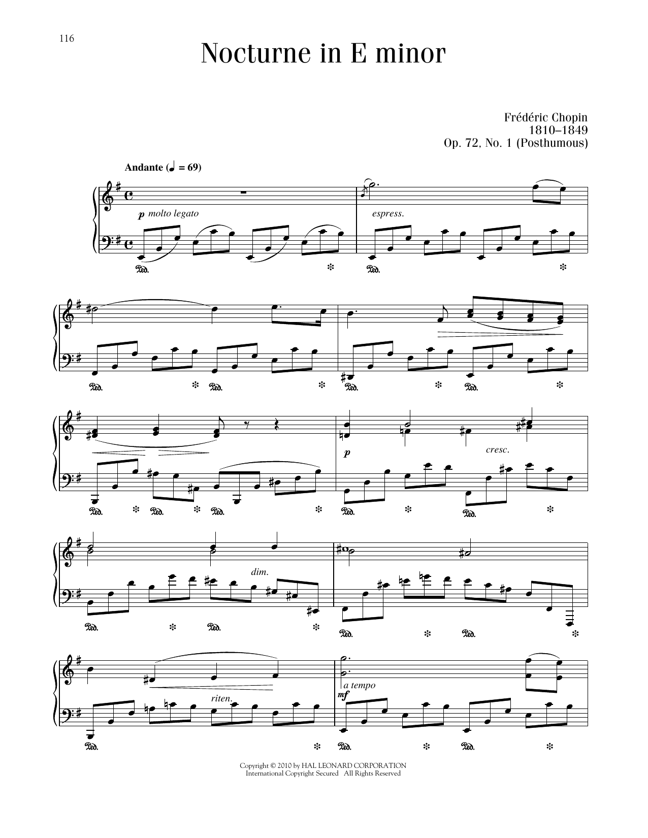 Frédéric Chopin Nocturne, Op. 72, No. 1 sheet music notes and chords arranged for Piano Solo