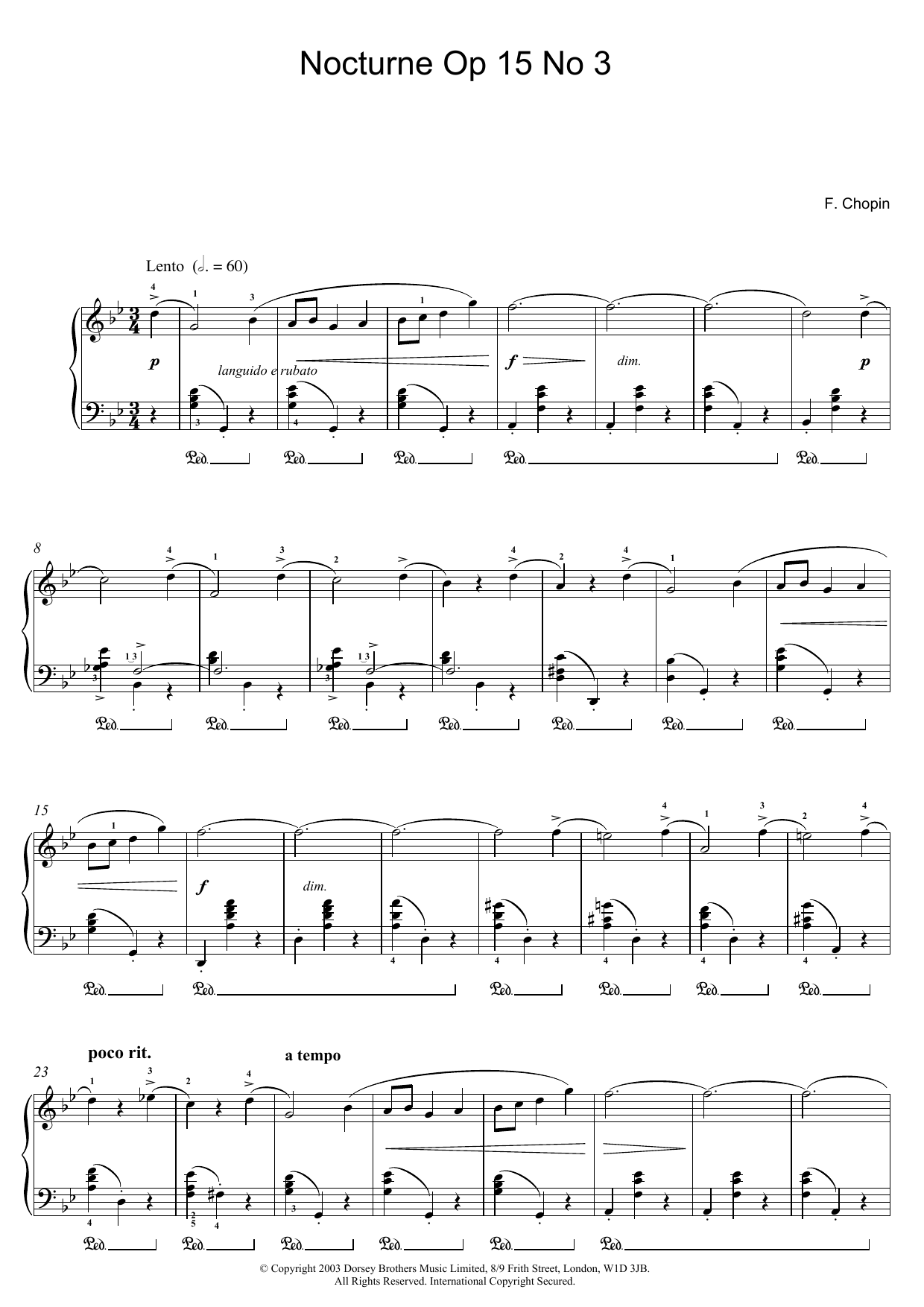 Frédéric Chopin Nocturne Op.15, No.3 sheet music notes and chords arranged for Piano Solo