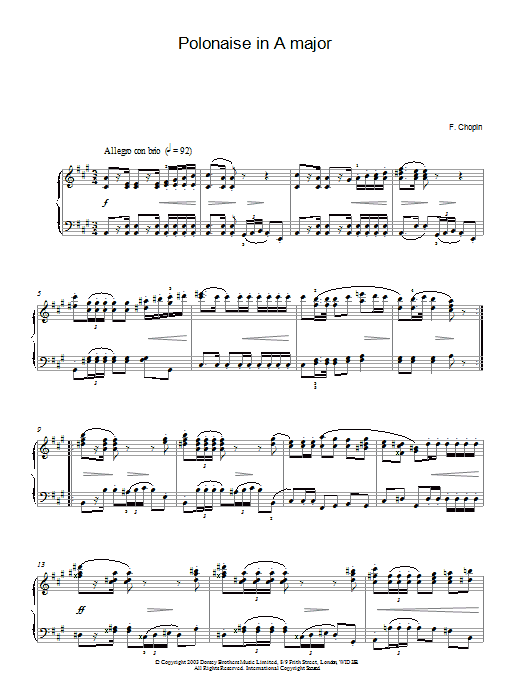 Frederic Chopin Polonaise In A Major sheet music notes and chords arranged for Piano Solo
