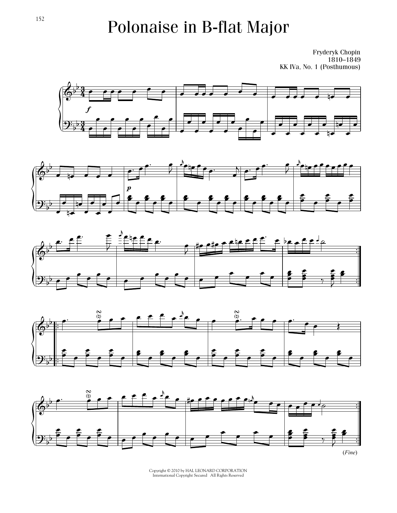 Frédéric Chopin Polonaise in B-flat Major, KK. IVa, No. 1 sheet music notes and chords arranged for Piano Solo