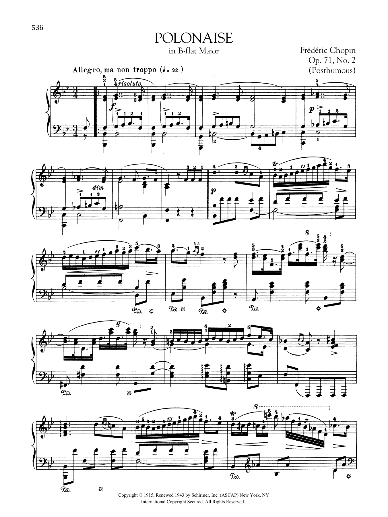 Frédéric Chopin Polonaise in B-flat Major, Op. 71, No. 2 (Posthumous) sheet music notes and chords arranged for Piano Solo
