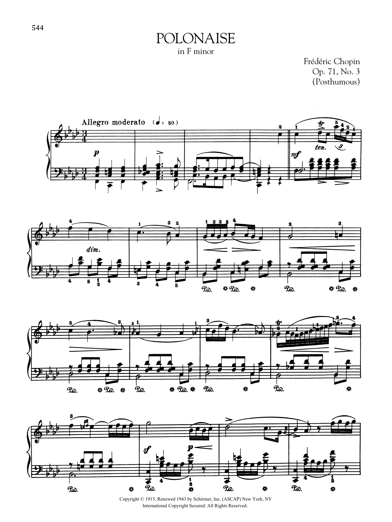 Frédéric Chopin Polonaise in F minor, Op. 71, No. 3 (Posthumous) sheet music notes and chords arranged for Piano Solo