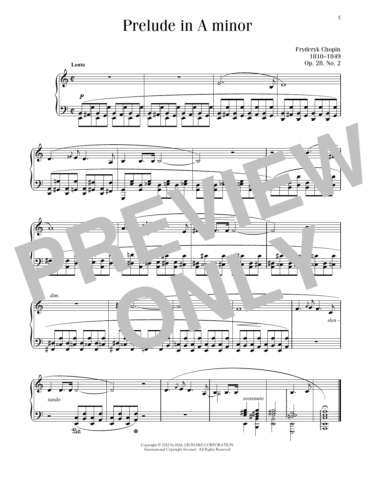 Frédéric Chopin Prelude In A Minor, Op. 28, No. 2 sheet music notes and chords arranged for Piano Solo