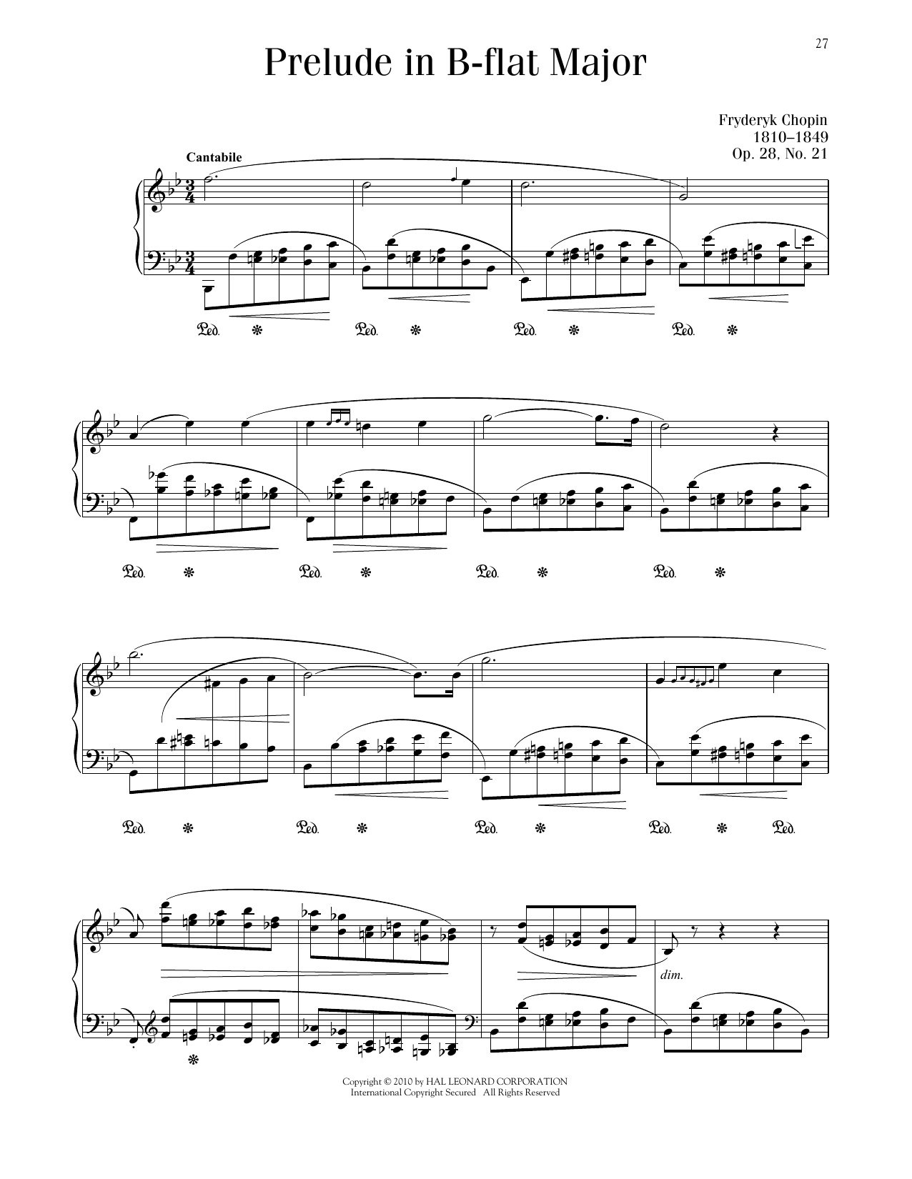 Frédéric Chopin Prelude In B-Flat Major, Op. 28, No. 21 sheet music notes and chords arranged for Piano Solo