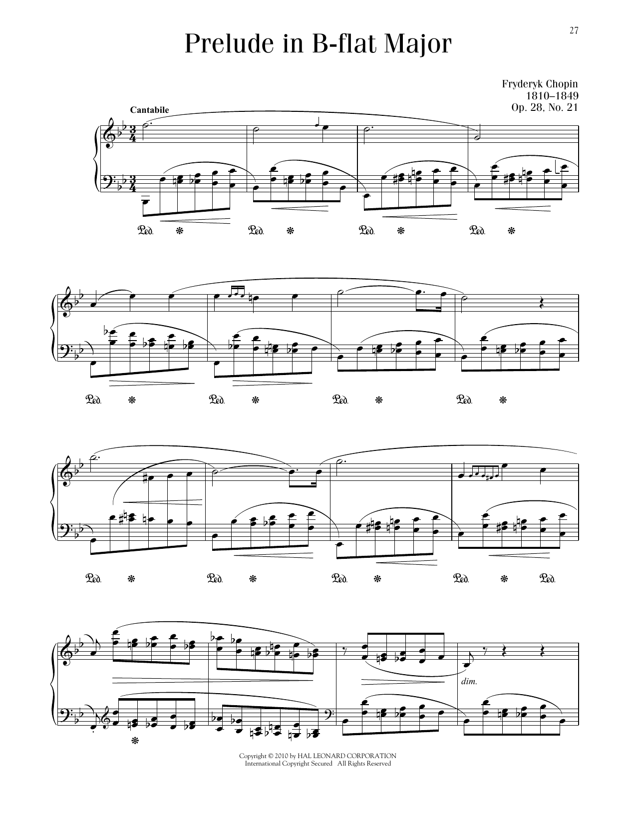 Frédéric Chopin Prélude in B-flat Major, Op. 28, No. 21 sheet music notes and chords arranged for Piano Solo