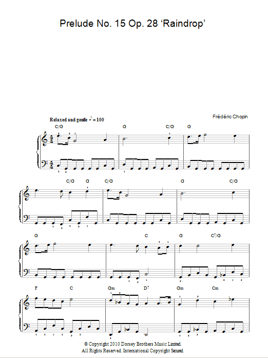 Frederic Chopin Prelude No.15, Op.28 'Raindrop' sheet music notes and chords arranged for Easy Piano