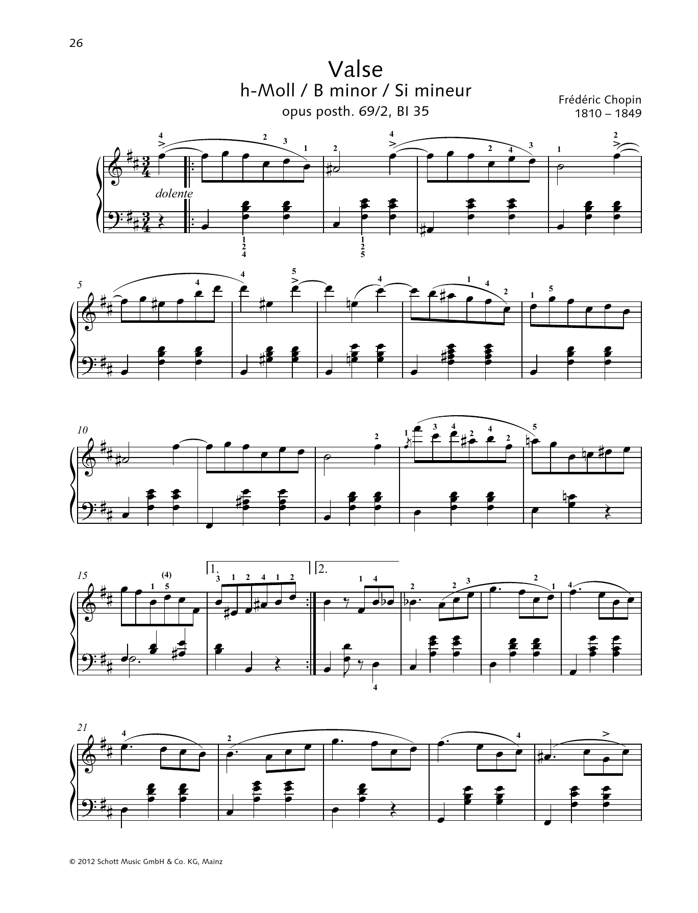 Frédéric Chopin Valse B minor sheet music notes and chords arranged for Piano Solo
