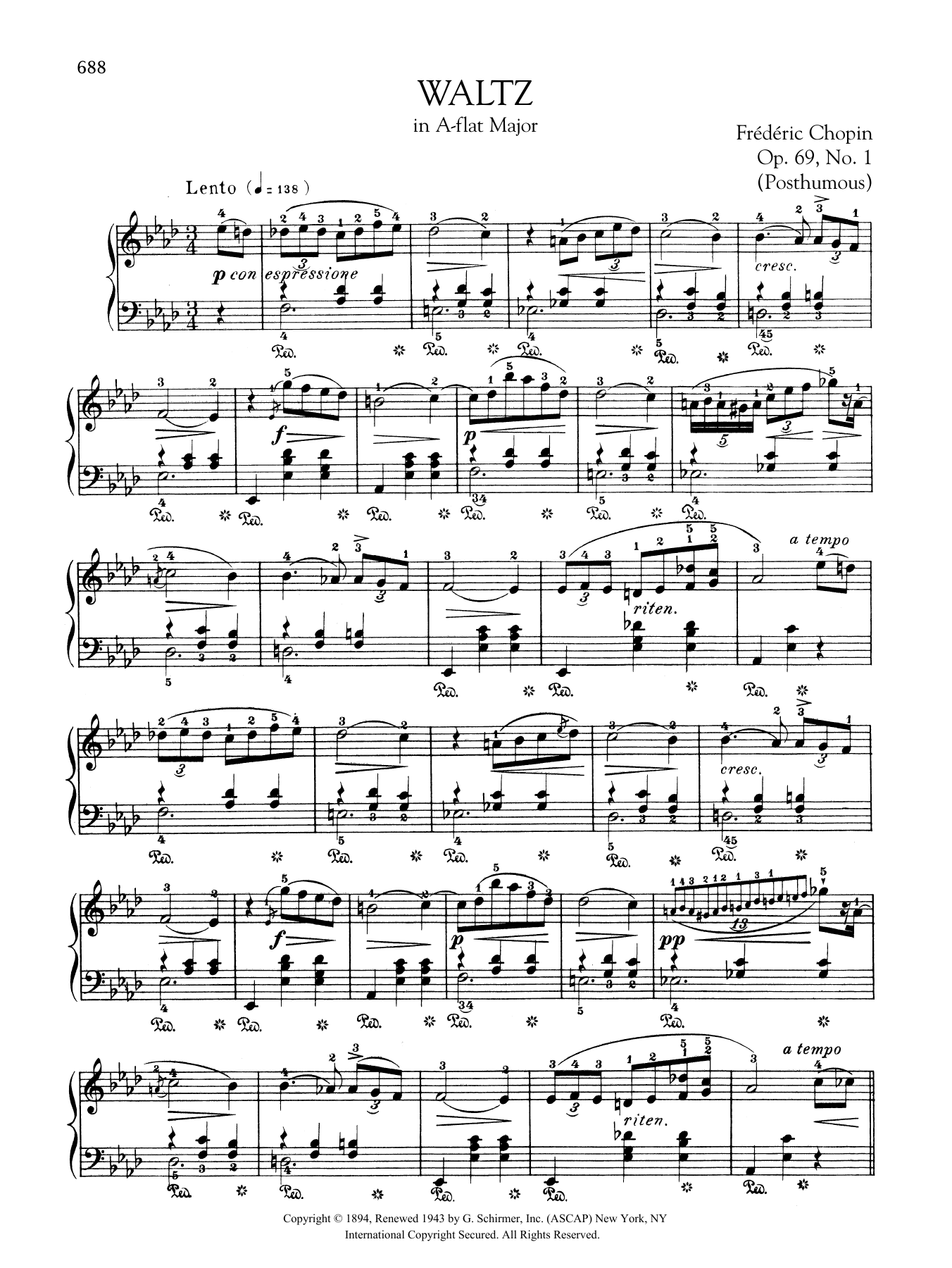 Frédéric Chopin Waltz in A-flat Major, Op. 69, No. 1 (Posthumous) sheet music notes and chords arranged for Piano Solo