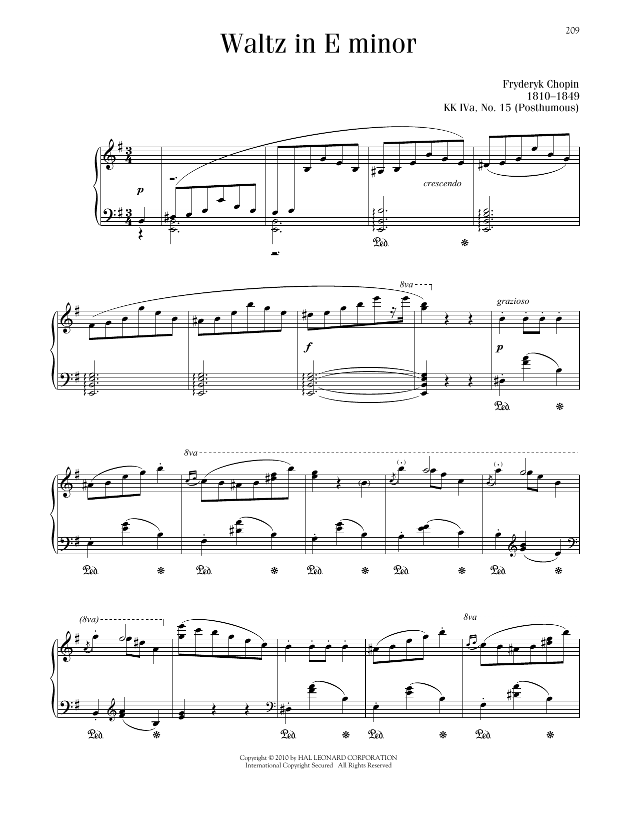 Frédéric Chopin Waltz In E Minor, KK. IVa, No. 15 sheet music notes and chords arranged for Piano Solo