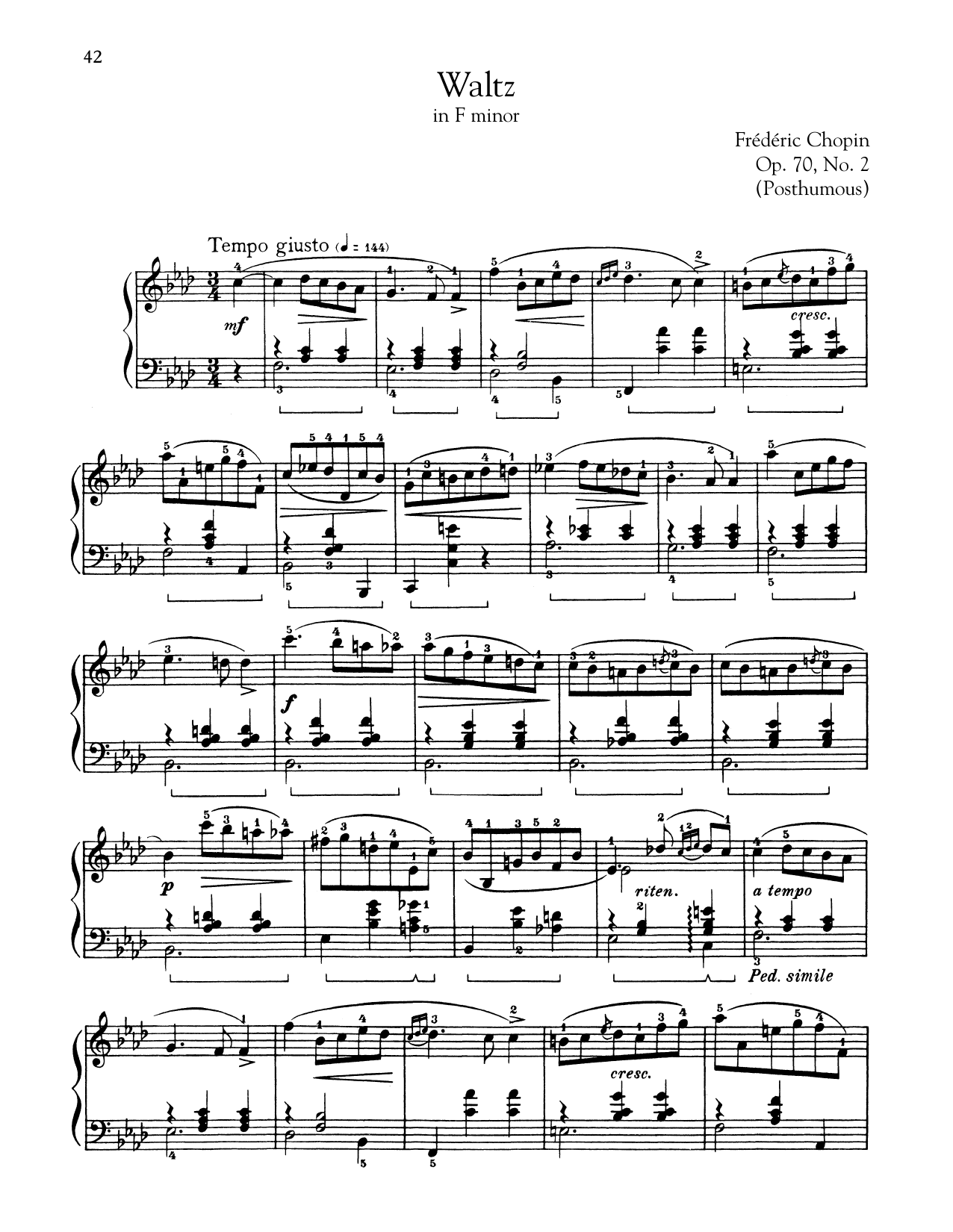 Frédéric Chopin Waltz In F Minor, Op. 70, No. 2 sheet music notes and chords arranged for Piano Solo