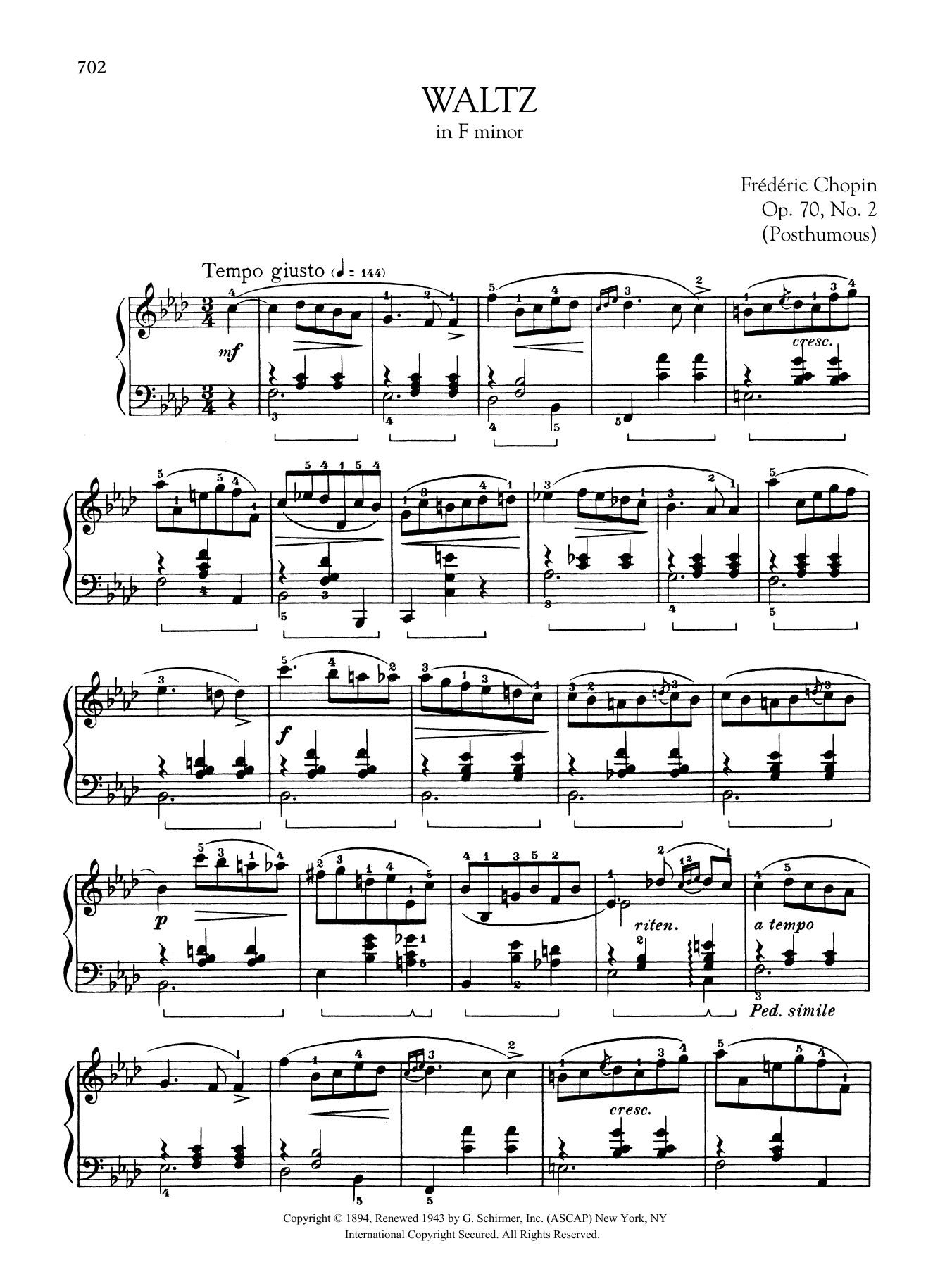 Frédéric Chopin Waltz in F minor, Op. 70, No. 2 (Posthumous) sheet music notes and chords arranged for Piano Solo