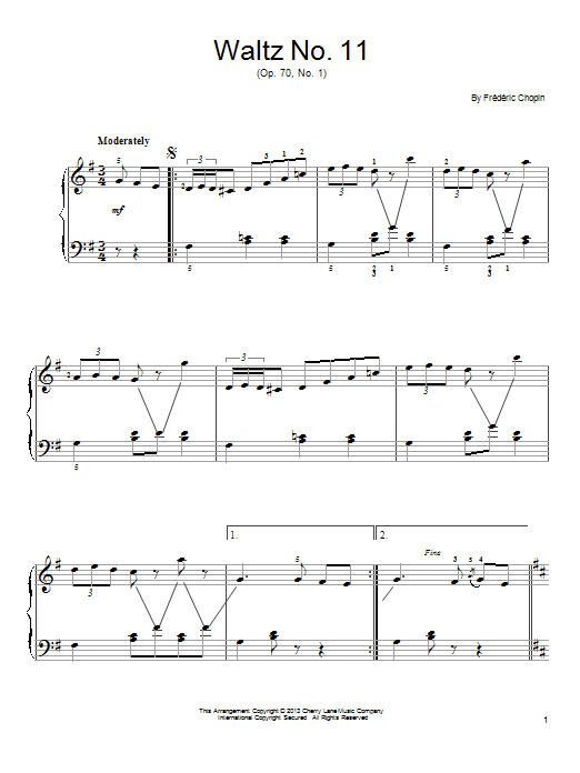 Frederic Chopin Waltz No. 11, Op. 70, No. 1 sheet music notes and chords arranged for Easy Piano