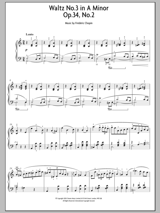 Frederic Chopin Waltz No. 3 In A Minor, Op. 34, No. 2 sheet music notes and chords arranged for Piano Solo