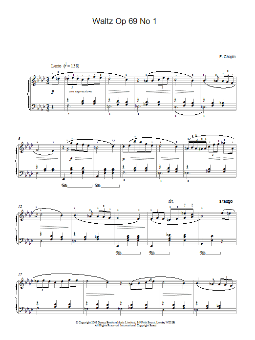 Frederic Chopin Waltz Op. 69, No. 1 sheet music notes and chords arranged for Piano Solo