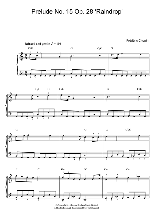 Frederic Chopin Prelude No.15, Op.28 'Raindrop' sheet music notes and chords arranged for Beginner Piano