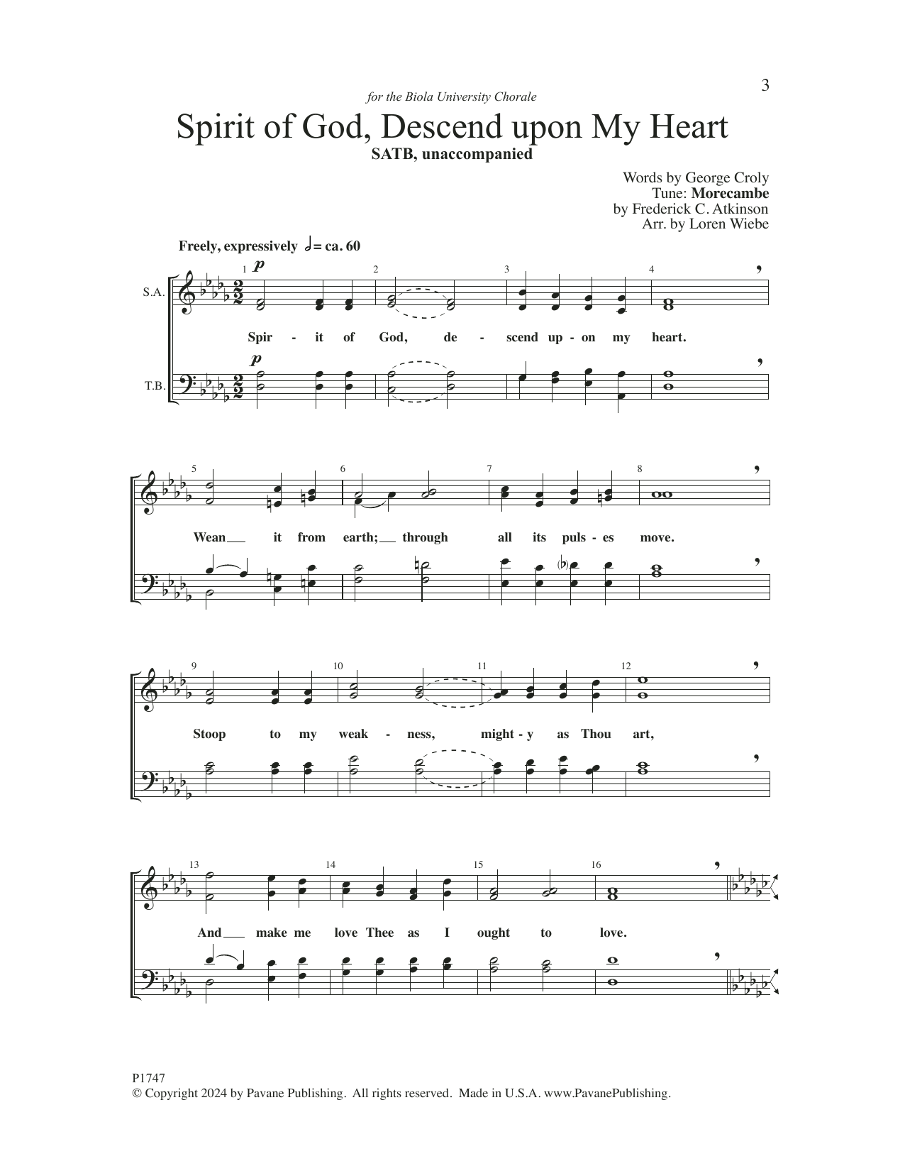 FREDERICK C. ATKINSON Spirit of God, Descend upon My Heart (arr. Loren Wiebe) sheet music notes and chords arranged for SATB Choir