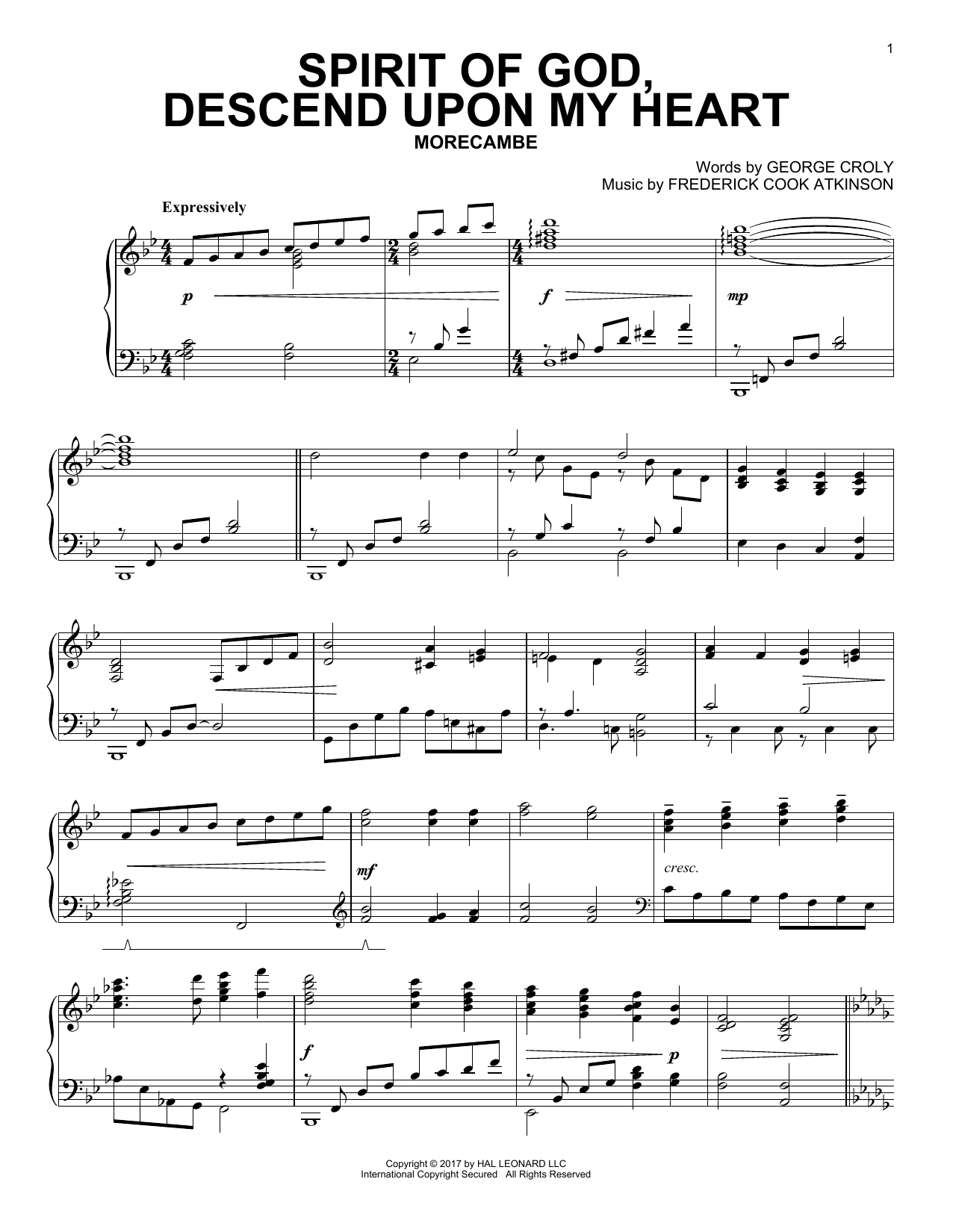 Frederick Cook Atkinson Spirit Of God, Descend Upon My Heart sheet music notes and chords arranged for Piano Solo