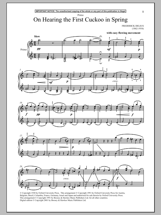 Frederick Delius On Hearing The First Cuckoo In Spring sheet music notes and chords arranged for Piano Duet