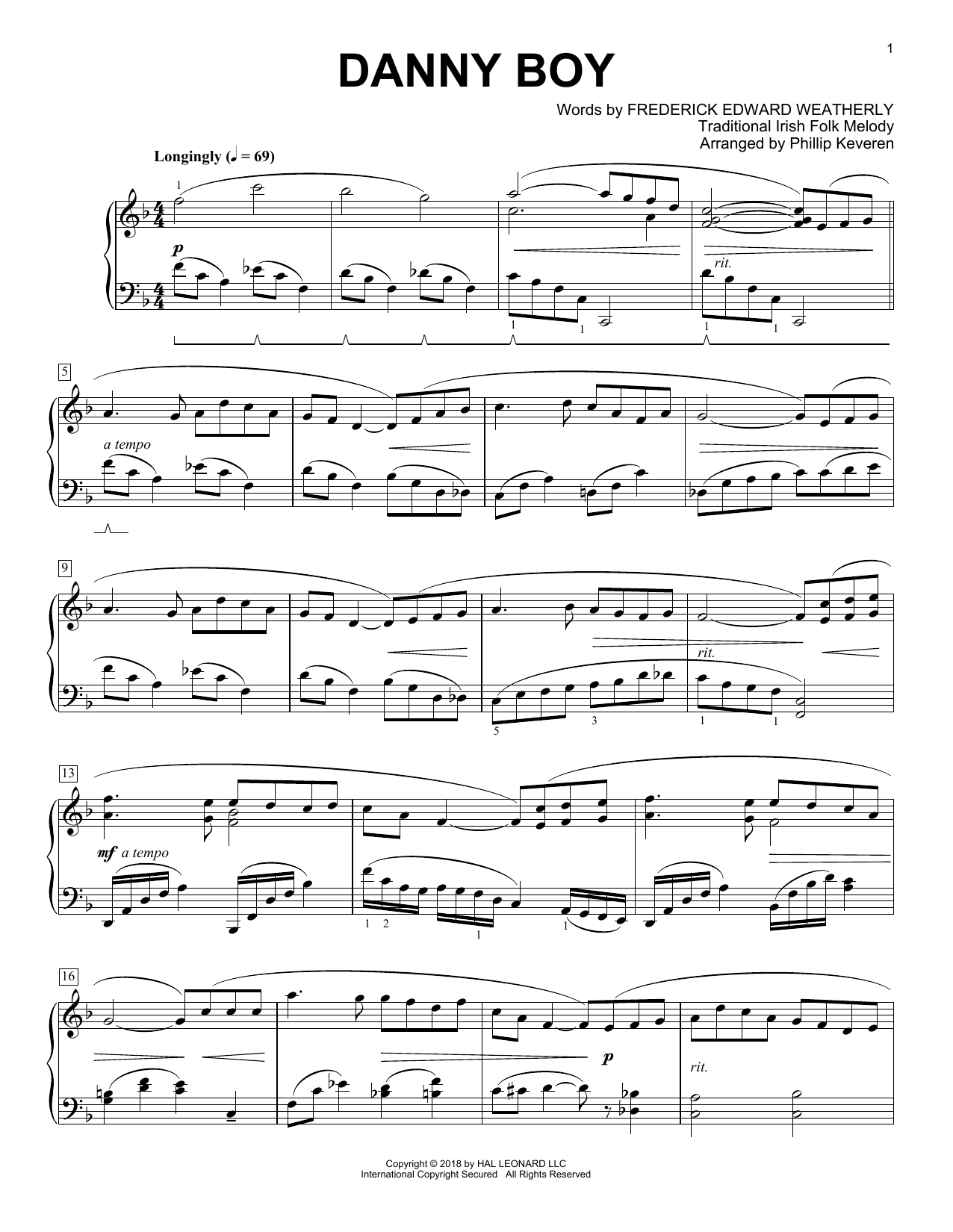 Frederick Edward Weatherly Danny Boy [Classical version] (arr. Phillip Keveren) sheet music notes and chords arranged for Piano Solo
