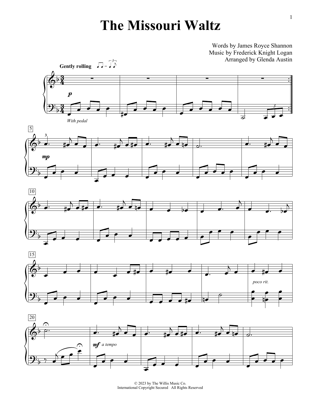 Frederick Knight Logan The Missouri Waltz (arr. Glenda Austin) sheet music notes and chords arranged for Educational Piano