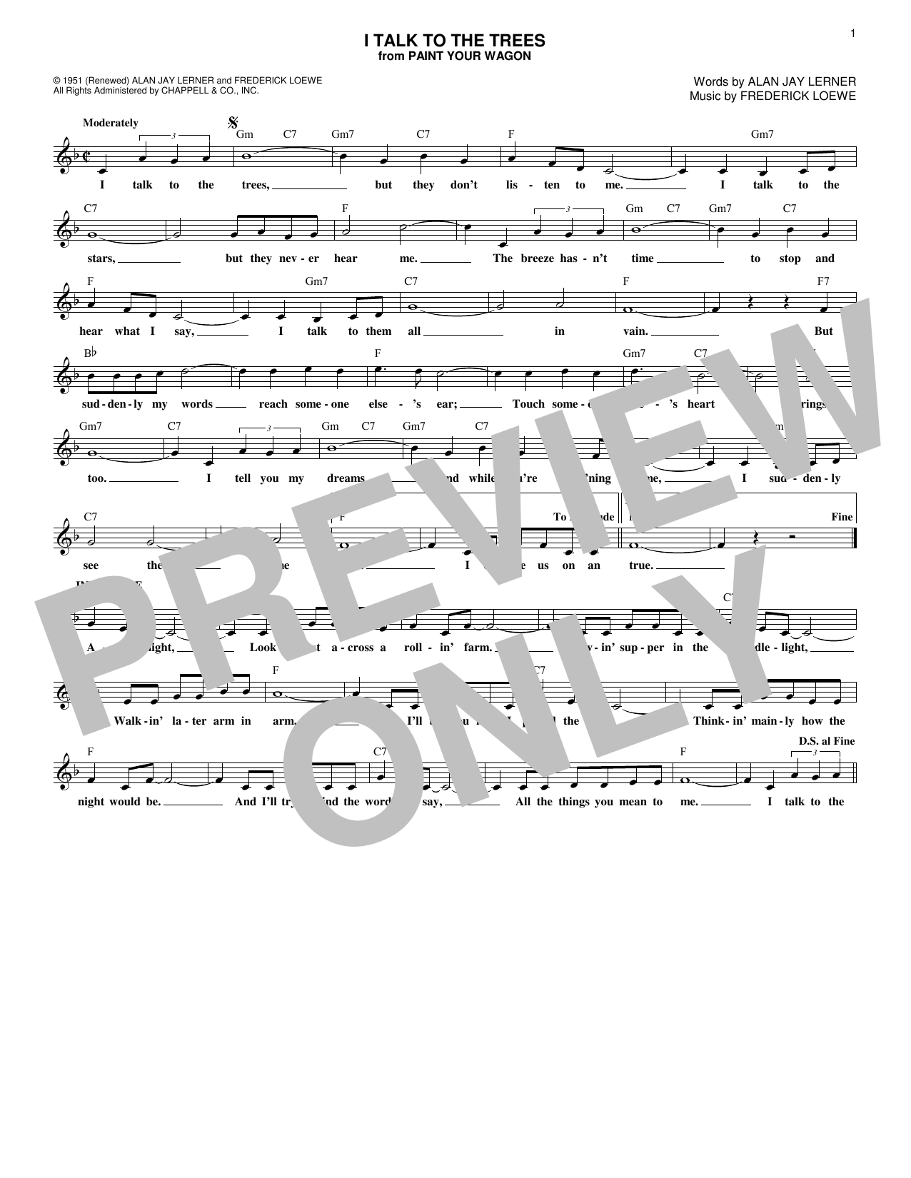 Frederick Loewe I Talk To The Trees sheet music notes and chords arranged for Lead Sheet / Fake Book