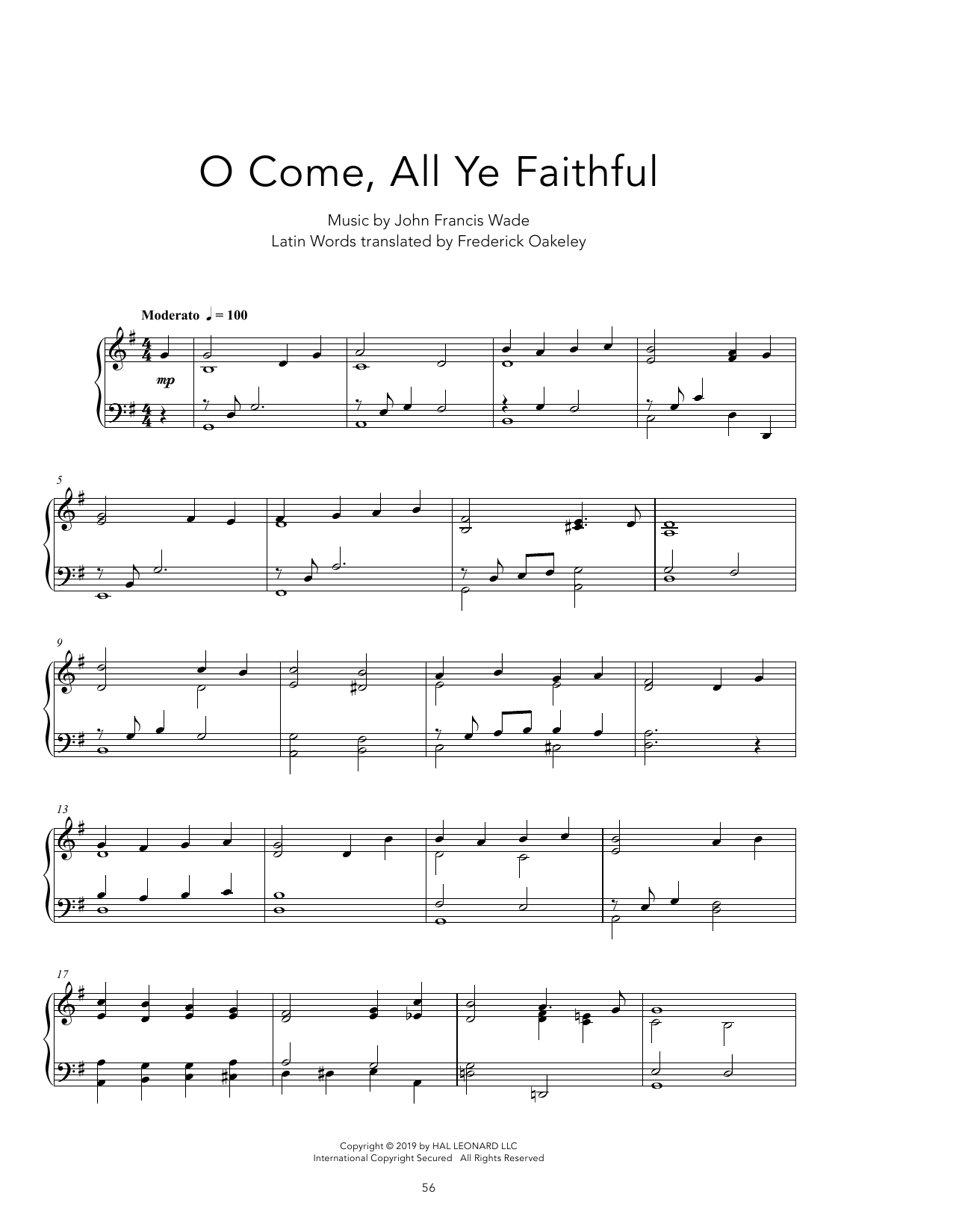 Frederick Oakeley (English) O Come, All Ye Faithful [Peaceful version] sheet music notes and chords arranged for Piano Solo