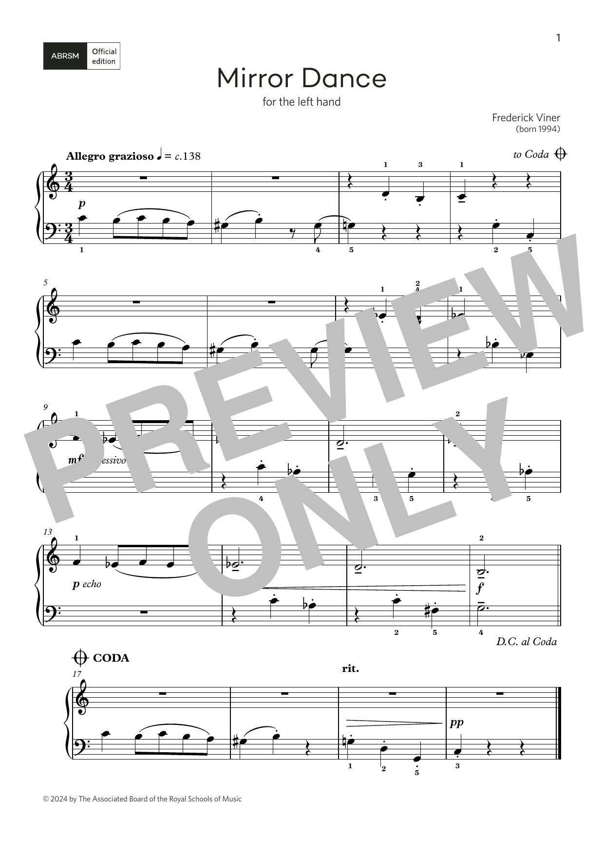 Frederick Viner Mirror Dance: for left or right hand (Grade 1, list A, from the ABRSM Piano Syllabus 2025 & 2026) sheet music notes and chords arranged for Piano Solo