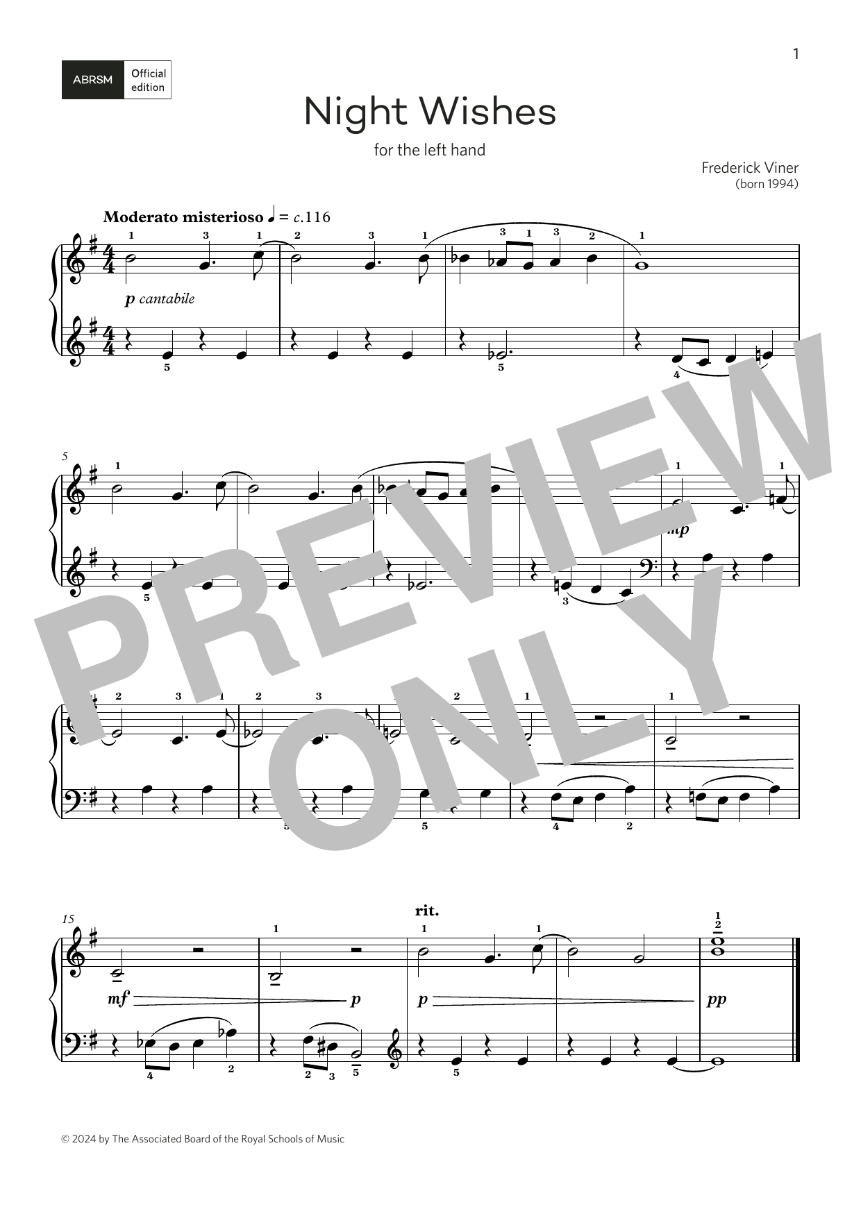 Frederick Viner Night Wishes: for left or right hand (Grade 1, list B, from the ABRSM Piano Syllabus 2025 & 2026) sheet music notes and chords arranged for Piano Solo