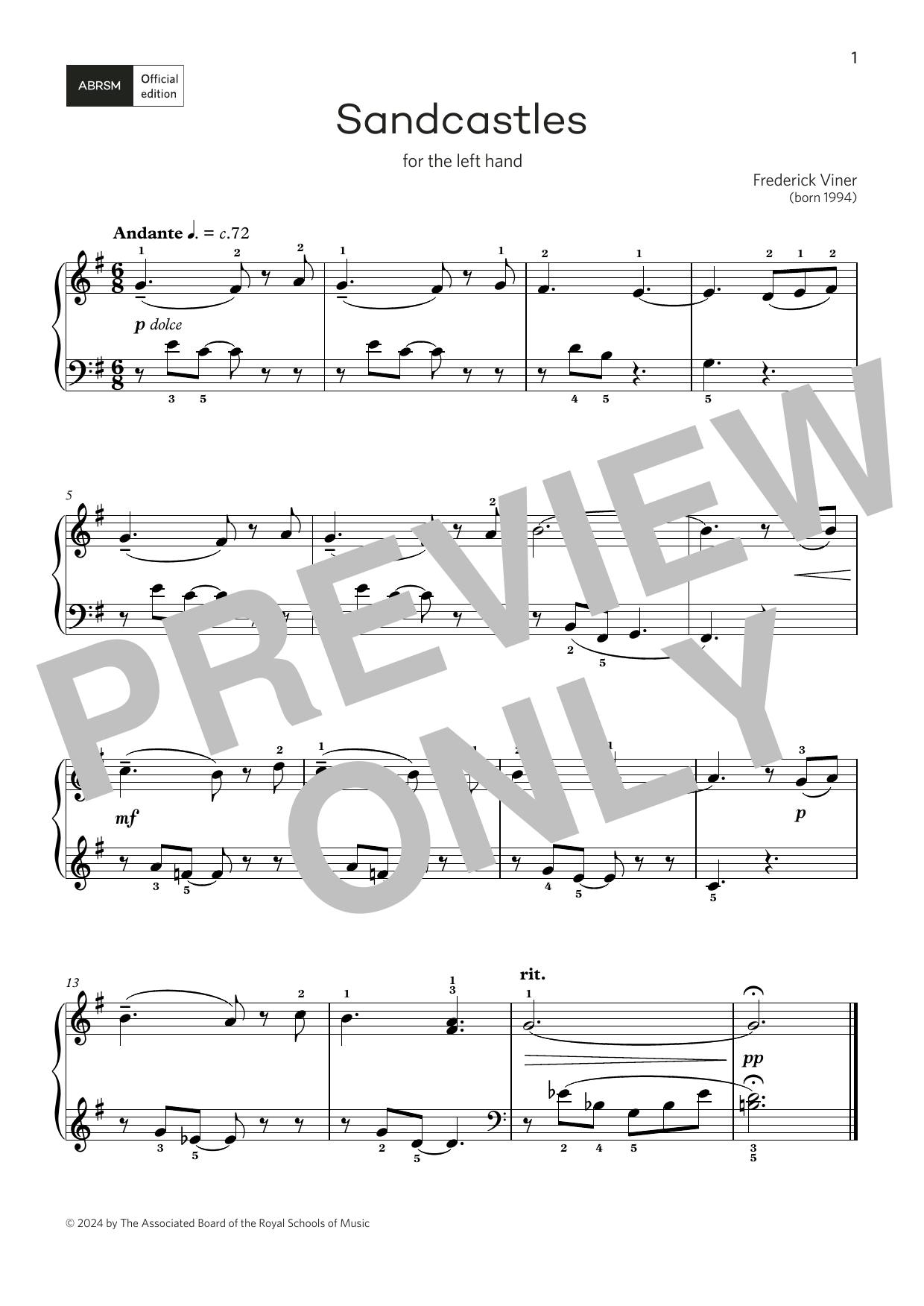 Frederick Viner Sandcastles: for left or right hand (Grade 2, list B, from the ABRSM Piano Syllabus 2025 & 2026) sheet music notes and chords arranged for Piano Solo