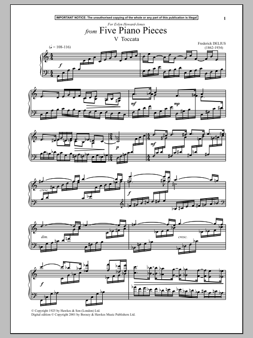 Frederick Delius Five Piano Pieces, V. Toccata sheet music notes and chords arranged for Piano Solo