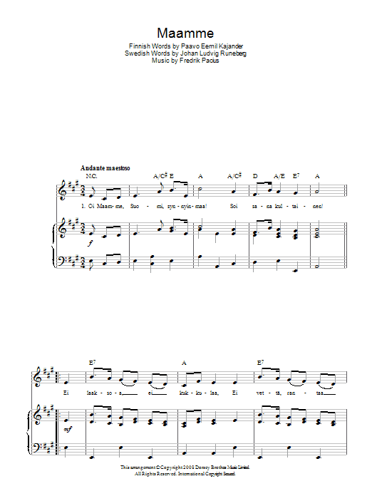 Fredrik Pacius Maamme (Finnish National Anthem) sheet music notes and chords arranged for Piano, Vocal & Guitar Chords