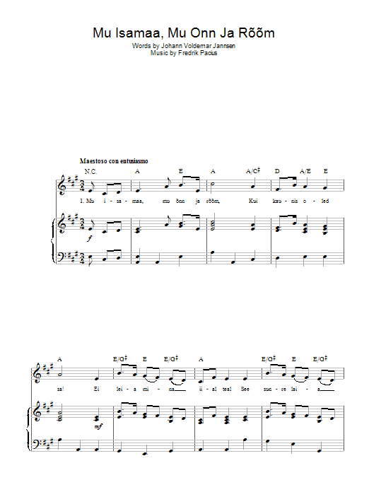 Fredrik Pacius Mu Isamaa, Mu Onn Ja Room (Estonian National Anthem) sheet music notes and chords arranged for Piano, Vocal & Guitar Chords