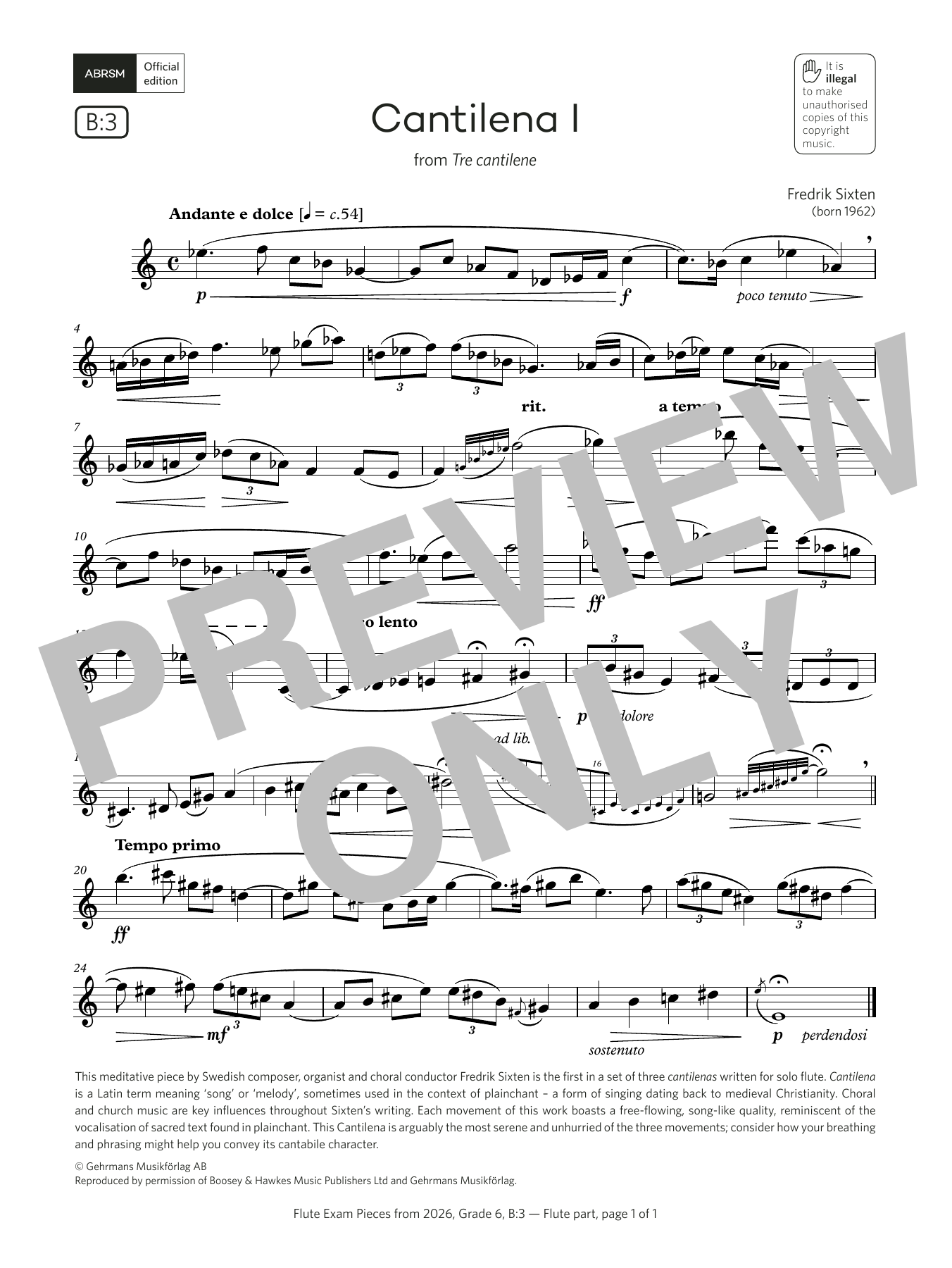 Fredrik Sixten Cantilena I (Grade 6, list B3, from the ABRSM Flute Syllabus from 2026) sheet music notes and chords arranged for Flute Solo