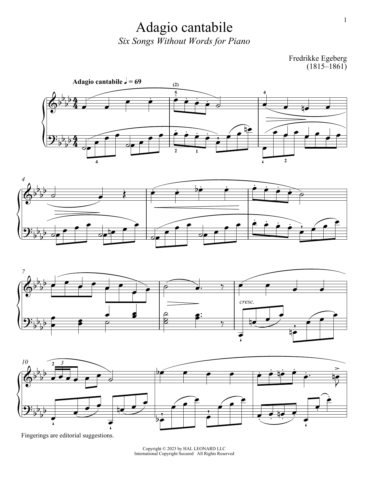 Fredrikke Egeberg Adagio cantabile sheet music notes and chords arranged for Piano Solo