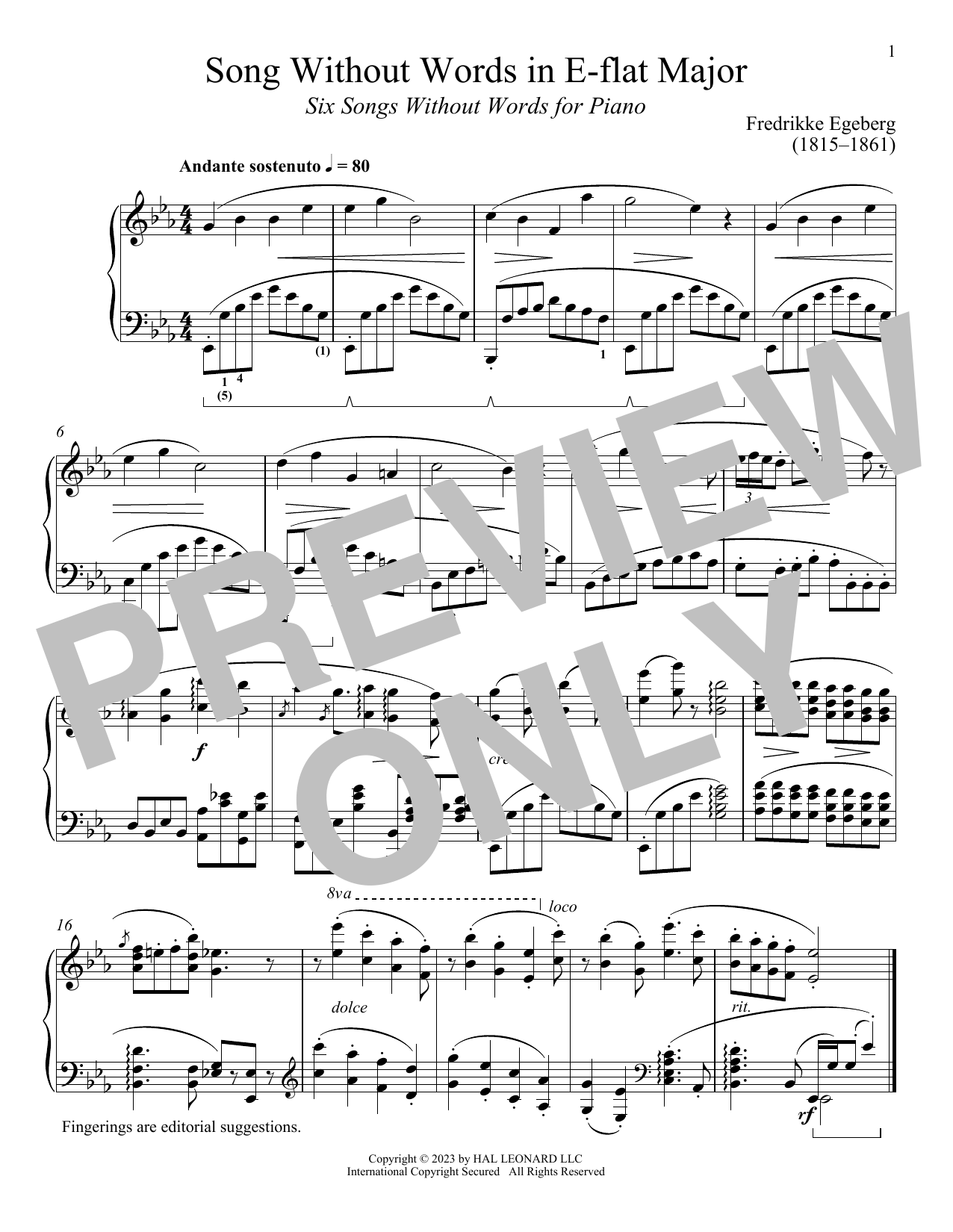 Fredrikke Egeberg Andante sostenuto sheet music notes and chords arranged for Piano Solo