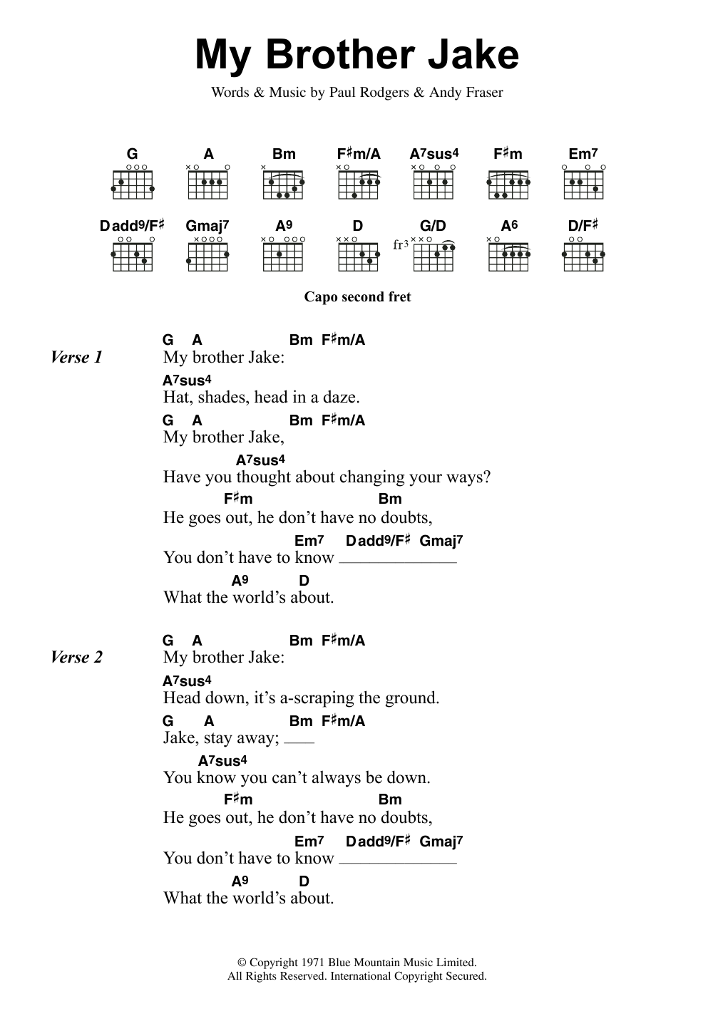 Free My Brother Jake sheet music notes and chords arranged for Guitar Chords/Lyrics