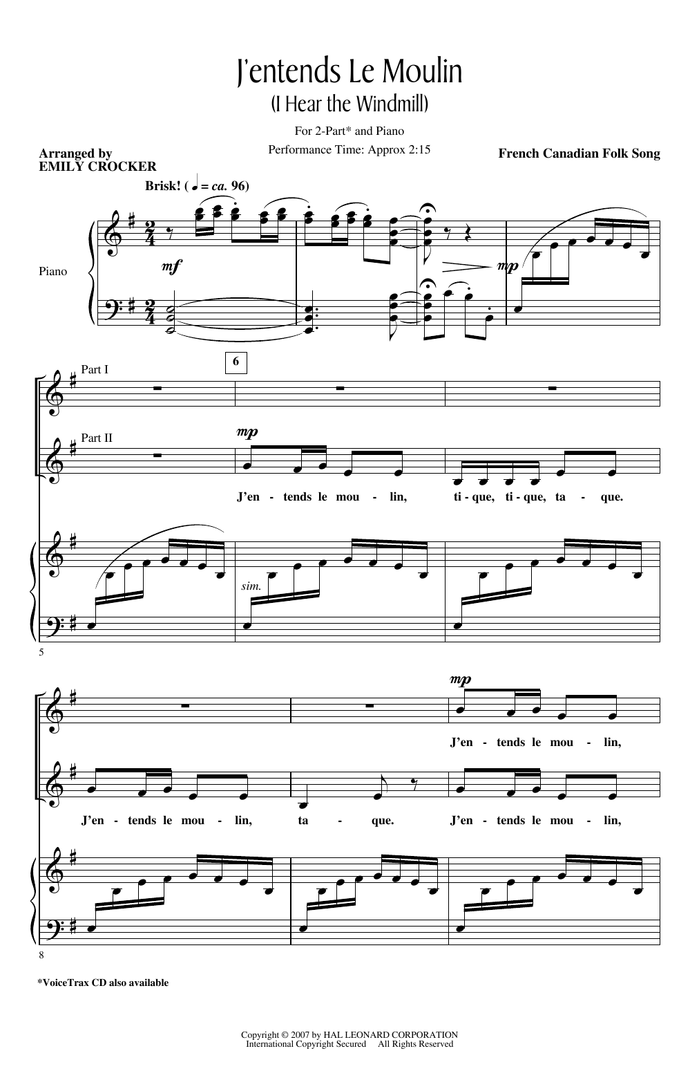 French Canadian Folk Song J'entends Le Moulin (I Hear The Wind Mill) (arr. Emily Crocker) sheet music notes and chords arranged for 2-Part Choir