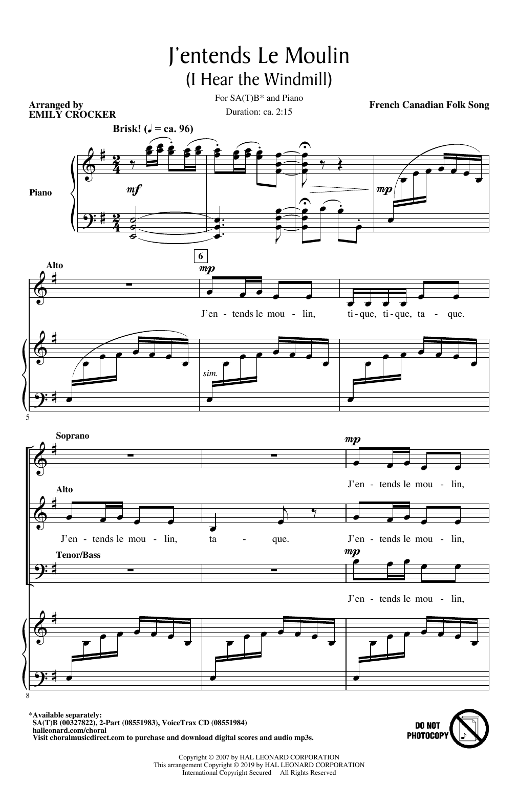 French Canadian Folk Song J'entends Le Moulin (I Hear the Windmill) (arr. Emily Crocker) sheet music notes and chords arranged for SATB Choir