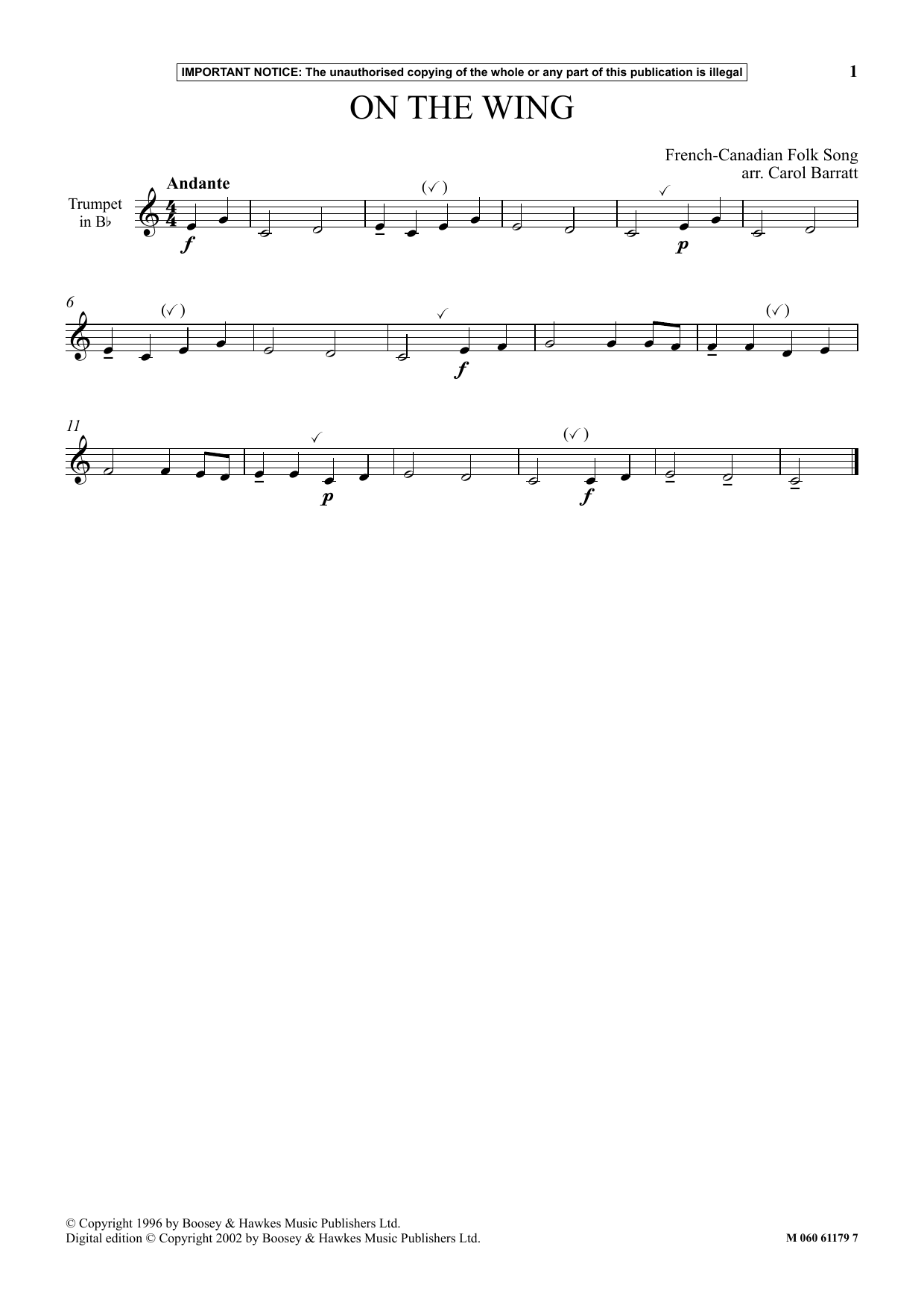 French-Canadian Folk Song On The Wing sheet music notes and chords arranged for Instrumental Solo