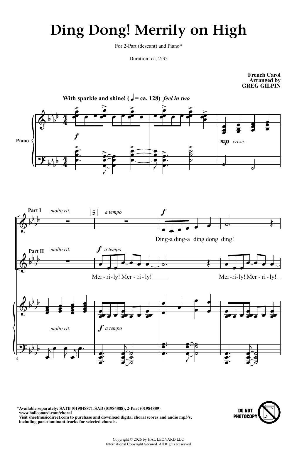 French Carol Ding Dong! Merrily On High (arr. Greg Gilpin) sheet music notes and chords arranged for 2-Part Choir
