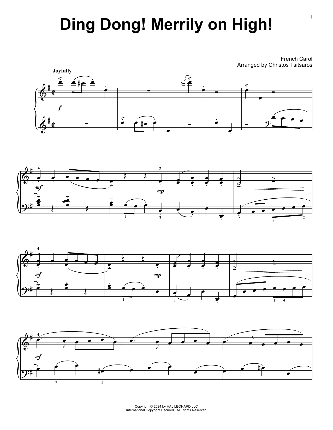 French Carol Ding Dong! Merrily On High! (arr. Christos Tsitsaros) sheet music notes and chords arranged for Easy Piano Solo