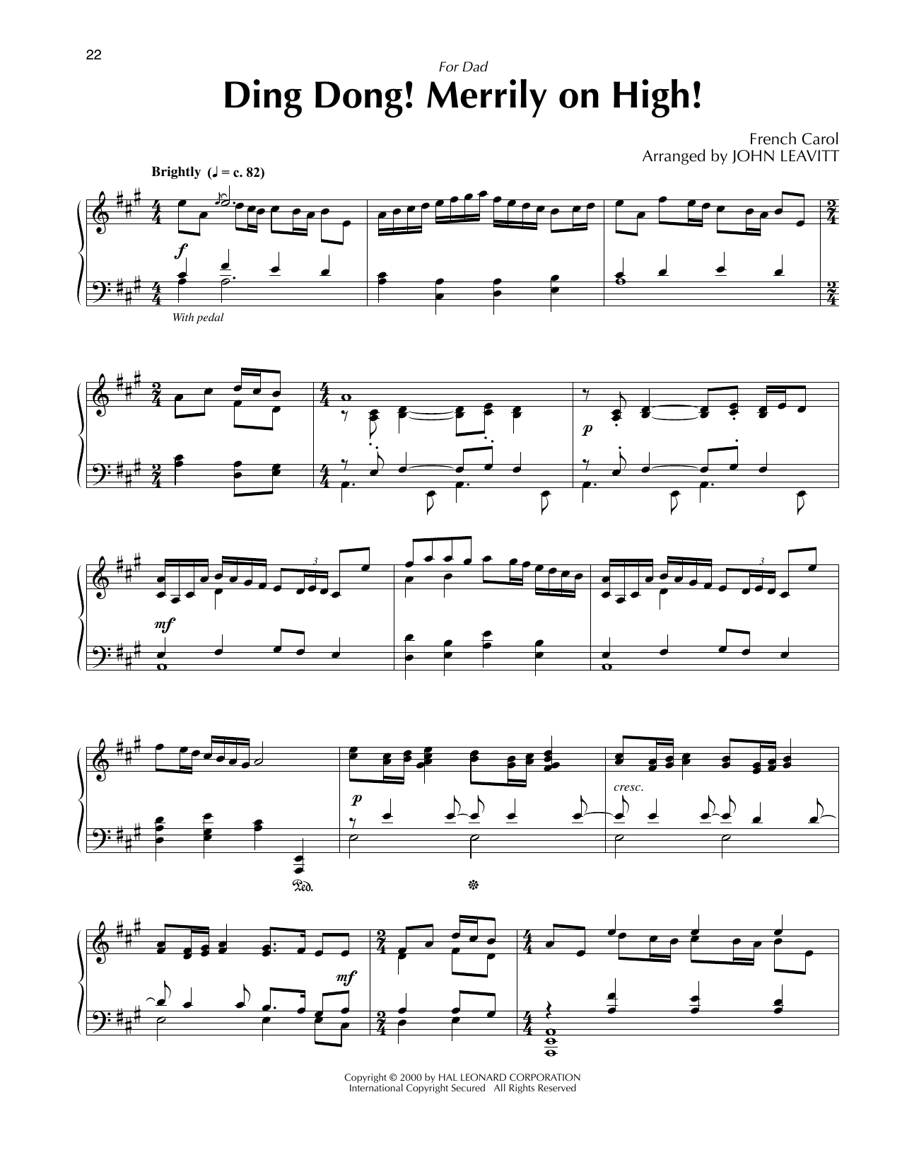 French Carol Ding Dong! Merrily On High! (arr. John Leavitt) sheet music notes and chords arranged for Piano Solo