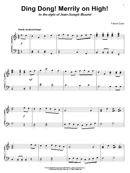 French Carol Ding Dong! Merrily On High! (in the style of Jean-Joseph Mouret) sheet music notes and chords arranged for Piano Solo